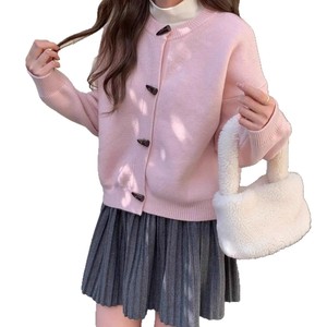 Cárdigan de Punto Rosa para Mujer, Manga Larga, Cuello Redondo, Color Sólido, Cierre de Botones, Estilo Dulce, Ropa de Otoño - Product Image 1