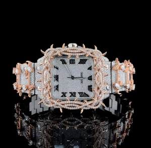 Montre de luxe personnalisée pour homme, automatique, en or rose, avec lunette à clous sertie de pierres, chiffres romains carrés, style Hip Hop - Product Image 1