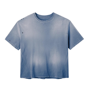 T-shirt Oversize Délavé Effet Vieilli Bleu Clair Détails Déchirés Streetwear Unisexe Décontracté Logo Personnalisé Qualité Supérieure - Product Image 1