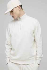 Sweat-shirt blanc pour homme à col zippé, coupe classique, couleur unie, style minimaliste, pull tricoté à manches longues pour l'automne - Product Image 2