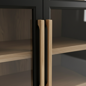 Vitrine d'exposition design arqué en bois d'hévéa, MDF et placage de chêne, écologique, 4 compartiments, portes à battants, mobilier de salon - Product Image 3