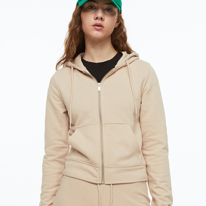 Sweat à capuche zippé pour femme en coton et polyester, matière de qualité supérieure, couleur beige personnalisée, manches longues - Product Image 1