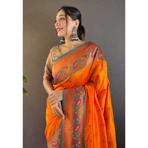 Sari en soie Paithani Yeola Meenakari Maharashtrien Orange Original, tissé Zari, Robes de soirée élégantes, Elite Weaves 0.7g - Product Image 2