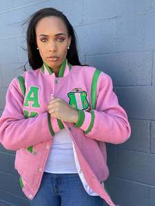 High Quality <b>Pink</b> Reversible Polyester Sleeves Varsity <b>Jacket</b> Full Sleeve Embroidery Snap Button Rider <b>Biker</b> Baseball <b>Jackets</b> - Product Image 3