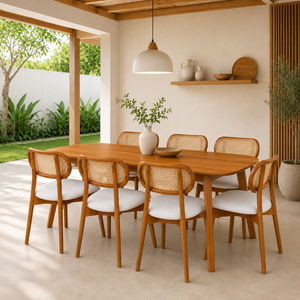 Ensemble de table à manger ovale en teck massif Niwara avec chaises rembourrées à dossier en rotin tressé, 6 pièces, style moderne du milieu du siècle, de qualité supérieure, pour cuisine et hôtel - Product Image 6