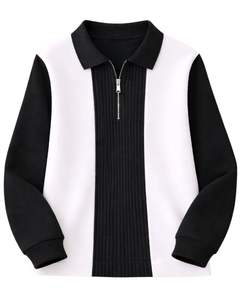 Sudadera Polo Personalizada para Hombre, Negra y Blanca, con Cierre de Cremallera de un Cuarto, Paneles Acanalados, Informal, de Forro Polar, Manga Larga, Estilo Urbano, Premium - Product Image 1