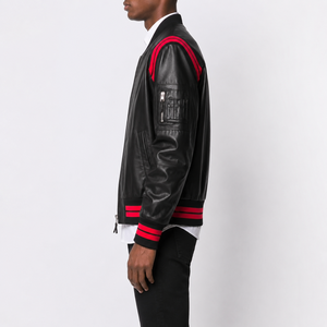 Blouson aviateur en cuir noir pour homme avec accents rouges, fermeture éclair, col montant, coupe ajustée, style moto, pour l'automne - Product Image 3