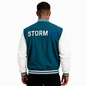 Chaqueta Varsity Unisex Personalizada en Verde Azulado y Blanco, Estilo Preppy, Logotipo Bordado, Corte Regular, Cuello Alto, Ropa de Invierno, Lana y Cuero - Product Image 2