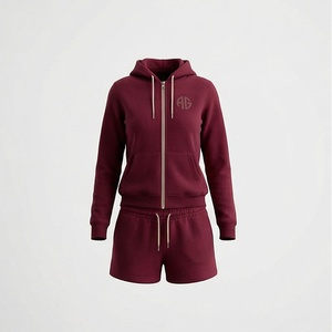 Women's 2 Piece Fleece Hooded Zip-Up Sweatshirt and Shorts Set Solid <b>Maroon</b> Casual All Seasons Wear - Product Image 1