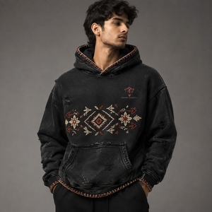 เสื้อฮู้ดดี้ปักลายสไตล์วินเทจสำหรับผู้ชาย ผ้าฝ้ายพรีเมียม ดีไซน์สวมใส่สบาย ลุควินเทจแบบซักฟอก พร้อมรายละเอียดตกแต่ง - Product Image 1