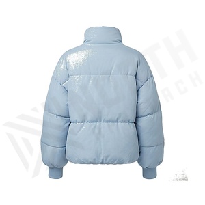 Light Blue Quilted Puffer Jacket Full Sleeve Stand Collar Windproof Winter Thick Polyester Wadding Short Length - Product Image 2