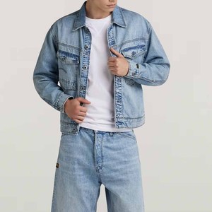 Light blue <b>denim</b> <b>jacket</b> for <b>men</b> button up casual outerwear custom breathable seamless gym sport fitness streetwear coat - Product Image 4