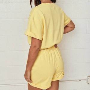 Custom Women's Solid Cozy Two Piece <b>Set</b> Oversized Cropped Elastic Hem T Shirt Drawstring Shorts Loungewear <b>Set</b> Manufacturer - Product Image 5