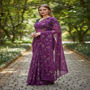 Sari indio de moda Simply Running, tela de gasa antiestática, ligero, tejido con lentejuelas y cuentas, diseño floral especial - Product Image 1