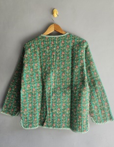 <b>Quilted</b> Floral <b>Jacket</b> Women's Cotton V-Neck Three Quarter Sleeve Spring Coat With Button Closure Green <b>Patterned</b> Design gift - Product Image 6