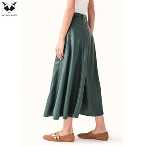 Jupes et pantalons en cuir vert vintage, jupe évasée à taille haute boutonnée sur le devant, mode décontractée d'automne pour femmes - Product Image 4