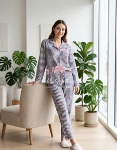 Conjunto de Pijama de Algodón Premium para Mujer, Elegante Camisa de Manga Larga con Cuello de Solapa y Botones, Pantalones Largos a Juego, Verano - Product Image 5