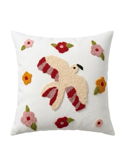 Delicate and Playful Floral-Bird Patterned <b>Cushion</b> <b>Cover</b> with Rich Textured Details - Product Image 1