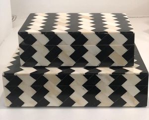 Modern Bone Resin Boxes Rectangular Black White Chevron Pattern Double Tier <b>Stackable</b> Decorative Jewelry Box Living Room Use - Product Image 3