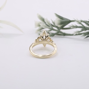Vintage Yellow Gold Marquise Cut Lab Grown Diamond Antique Floral Cluster <b>Crown</b> Setting Cluster Side Stones Unique Proposal <b>Ring</b> - Product Image 4