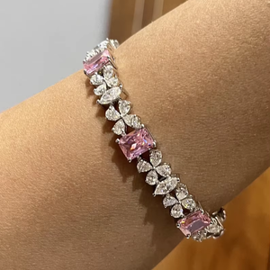 Pulsera de tenis de lujo con diamantes rosas, plata 925, pulsera de gemas con corte princesa, joyería de diseño con eslabones florales, regalo elegante - Product Image 1
