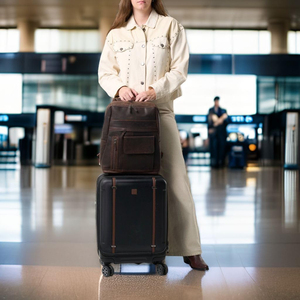 Brown Leather Travel <b>Backpack</b> for Men & Women 15 Inch Laptop Bag Vintage Multi Pocket <b>Backpack</b> with Trolley Sleeve - Product Image 4
