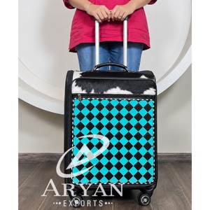 Latest Pattern 2026 Hand Tooled Cowhide Leather Checkered Luggage Bag Handmade Western Style Travel <b>Suitcase</b> with Spinner Wheels - Product Image 1