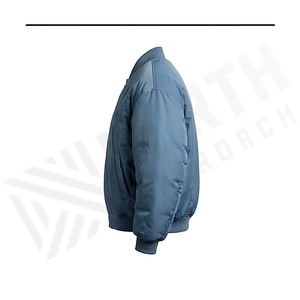 Blue Bomber Jacket Full Sleeve Stand Collar Zipper Closure Polyester Filling Solid Color Winter Wear - Product Image 3