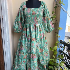 Hand Block Printed Indian Cotton Dress 100% Cotton Long Gown with Floral Embroidery Square Collar <b>Tunics</b> Dress For Women - Product Image 6