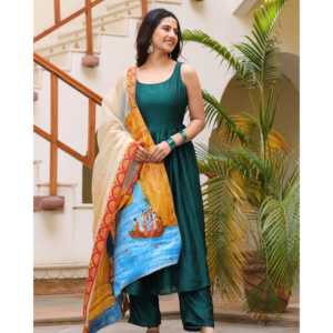 Conjunto de Traje de Chifón Pintado a Mano en Verde Bohemio Siya, Talla XS - Product Image 2