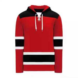 <b>Red</b> Black <b>White</b> Ice Hockey Hoodie Full Sleeve <b>Striped</b> Breathable Quick Dry Regular Fit Unisex Adult All Seasons 100% Jersey - Product Image 1