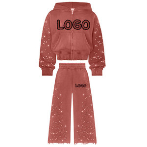 Custom Logo Women Rhinestone Tracksuit Set <b>Zip</b> <b>Up</b> <b>Cropped</b> Hoodie Wide Leg Sweatpants Set Embellished Heavyweight 2 Piece Set - Product Image 3