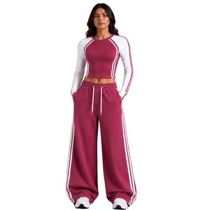 <b>Rose</b> Pink And White Women Long Sleeve Crop <b>Top</b> Wide Leg Pants Activewear Set Sportswear Two Piece Tracksuit Casual Athletic - Product Image 1