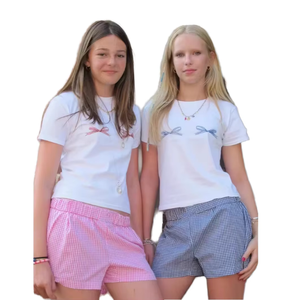 เสื้อยืดผู้หญิงสีขาวปักลายโบว์ แขนสั้น คอกลม สไตล์พรีปปี้ ผ้าฝ้ายถัก เสื้อฤดูร้อน - Product Image 1