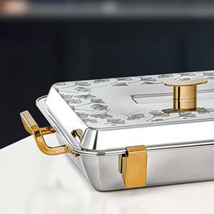 Moderna Cacerola Rectangular de Acero Inoxidable Aislada, Recipiente para Calentar y Servir Alimentos con Asas Doradas para la Colección Ramadán - Product Image 3