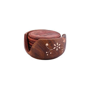 Juego de cinco posavasos redondos de madera hechos a mano con incrustaciones florales, con soporte, posavasos vintage para bebidas, artículo decorativo artesanal para mesa. - Product Image 3