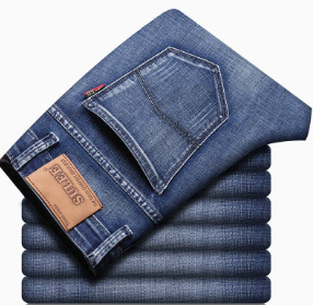 BEST ROCK INTERNATIONAL Pantalones Vaqueros de Mezclilla Elásticos Transpirables de Cintura Media para Hombre, Talla Grande, Casuales, de Verano, Corte Recto, 100% Denim - Product Image 2