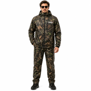 Real Tree Sublimation Design <b>Men's</b> Hooded Rain <b>Jacket</b> and Pants Set Windproof Outdoor Hunting Fishing Gear Regular Fit Polyester - Product Image 2