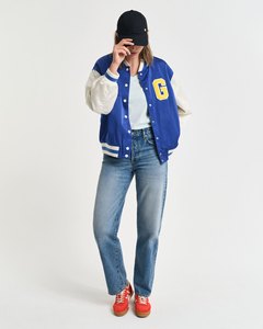 Chaqueta Varsity para Mujer al por Mayor en Azul Intenso, Chaqueta Corta de Lana Tejida Personalizada con Insignia G para Béisbol - Product Image 4