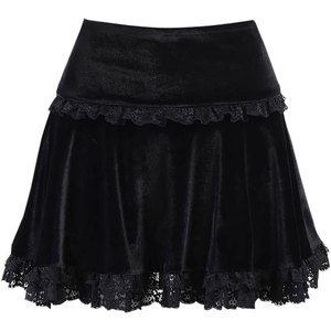 Falda mini de terciopelo negro con volantes y encaje para mujer, cintura alta, estilo gótico punk, línea A, ropa urbana E-Girl, venta al por mayor - Product Image 4