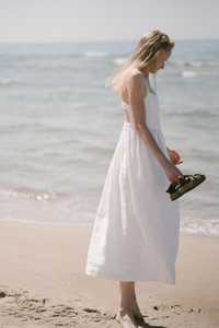 Vestido Largo de Playa para Mujer, Blanco, 100% Lino, Cuello Halter, Sin Mangas, Tirantes Finos, Corte A, para Vacaciones de Verano - Product Image 4