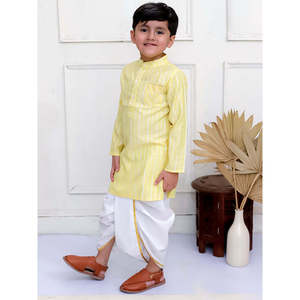 Conjunto de Kurta y Pantalones Dhoti a Rayas Blancas y Amarillas para Niños, Manga Larga, Poliéster Elástico, Salwar Kameez Dupatta, Talla XL - Material Resistente - Product Image 5