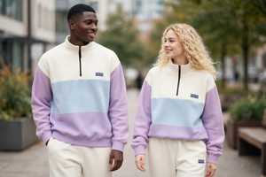 <b>Women's</b> Pastel Solid Color Blocked Hooded Quarter Zip <b>Fleece</b> Sweatshirt Pullover Long Sleeve 300g Hip Length - Product Image 6
