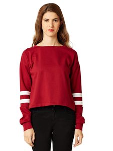 Sweat-shirt rouge à manches longues et col rond pour femme, avec rayures blanches sur les manches, haut tricoté décontracté, 100% coton, vêtements d'automne - Product Image 2