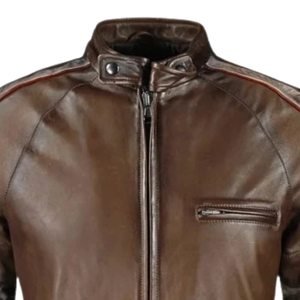 <b>Mens</b> Brown Genuine Leather Streetwear <b>Jacket</b> <b>White</b> Grey Sleeve Stripes Stand Collar Zip Front Chest Pocket Premium OEM Outerwear - Product Image 6