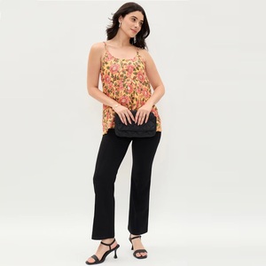Top Moderno para Mujer, Amarillo Estampado, de Algodón con Tirantes Finos y Cuello Mao, para Fiestas, Bodas y Ocasiones Festivas - Product Image 1