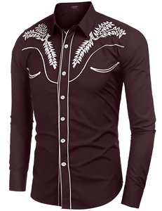 Camisa vaquera bordada para hombre, color borgoña, con ribete de flecha en el puño, corte ajustado, manga larga, cierre de broches de perla - Product Image 2