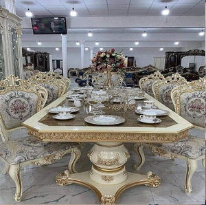 European 8-seater rich <b>brown</b> wooden dining <b>table</b> with carved scrollwork chairs and ornate pedestal, at wholesale prices. - Product Image 2