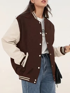 Women Customized Embroidered Brown And Cream Color Block Varsity Jacket With <b>Button</b> Closure Regular Fit Casual Style Autumn Wear - Product Image 1
