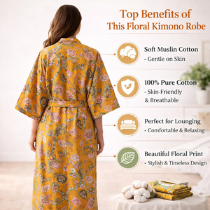 Robe kimono bohème en coton jaune à fleurs pour femme, col en V, manches longues, longueur longue, cordon de serrage, 2 poches, tenue de nuit artisanale - Product Image 5
